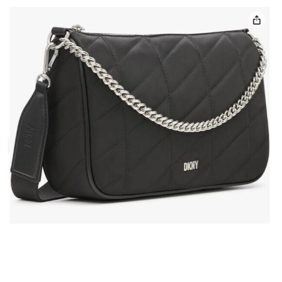 Dkny Handbags - DKNY Bodhi chain quilted nylon women's medium crossbody bag pouch - BLACK